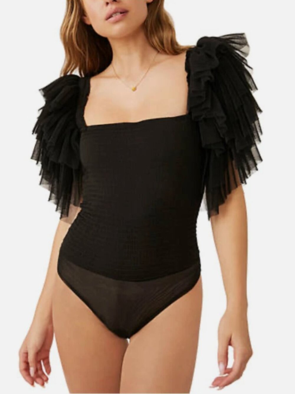 Free People Intimately Kill the Lights Black Tulle Ruffle Sleeve Bodysuit M